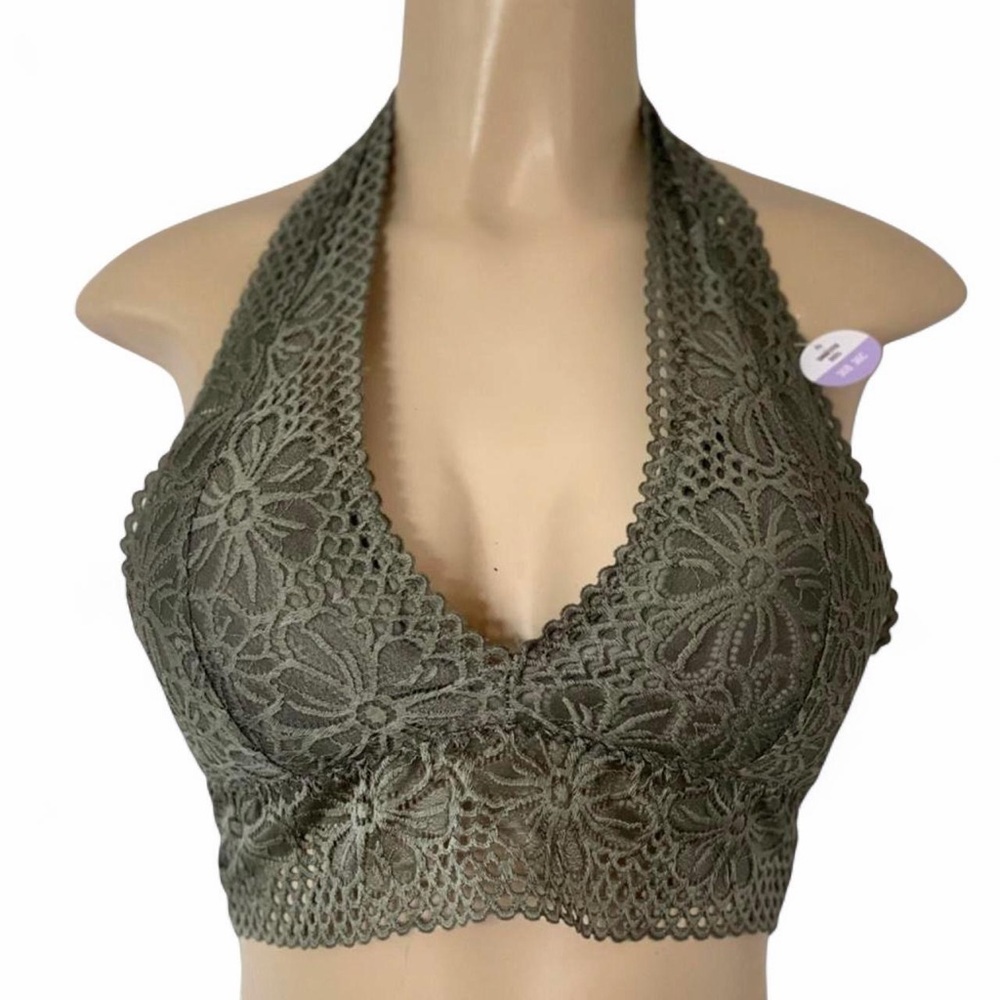 Crochet Lace Halter Bralette Tank Top - Olive Green